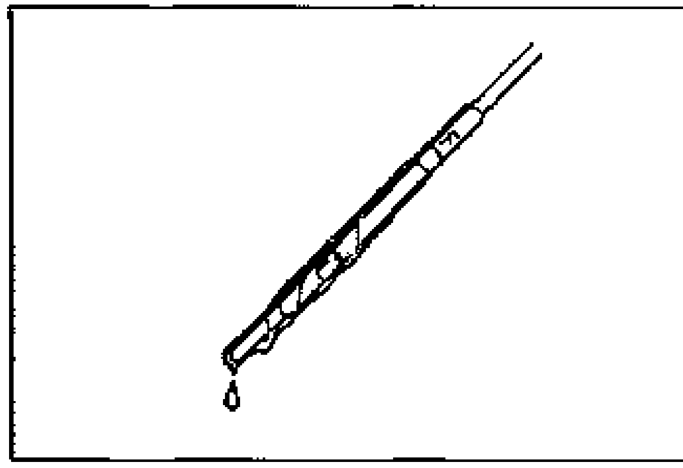 Close-up of the engine oil dipstick held diagonally, showing the L and F level marks and an oil drop at the tip. Illustrates the engine oil inspection procedure.