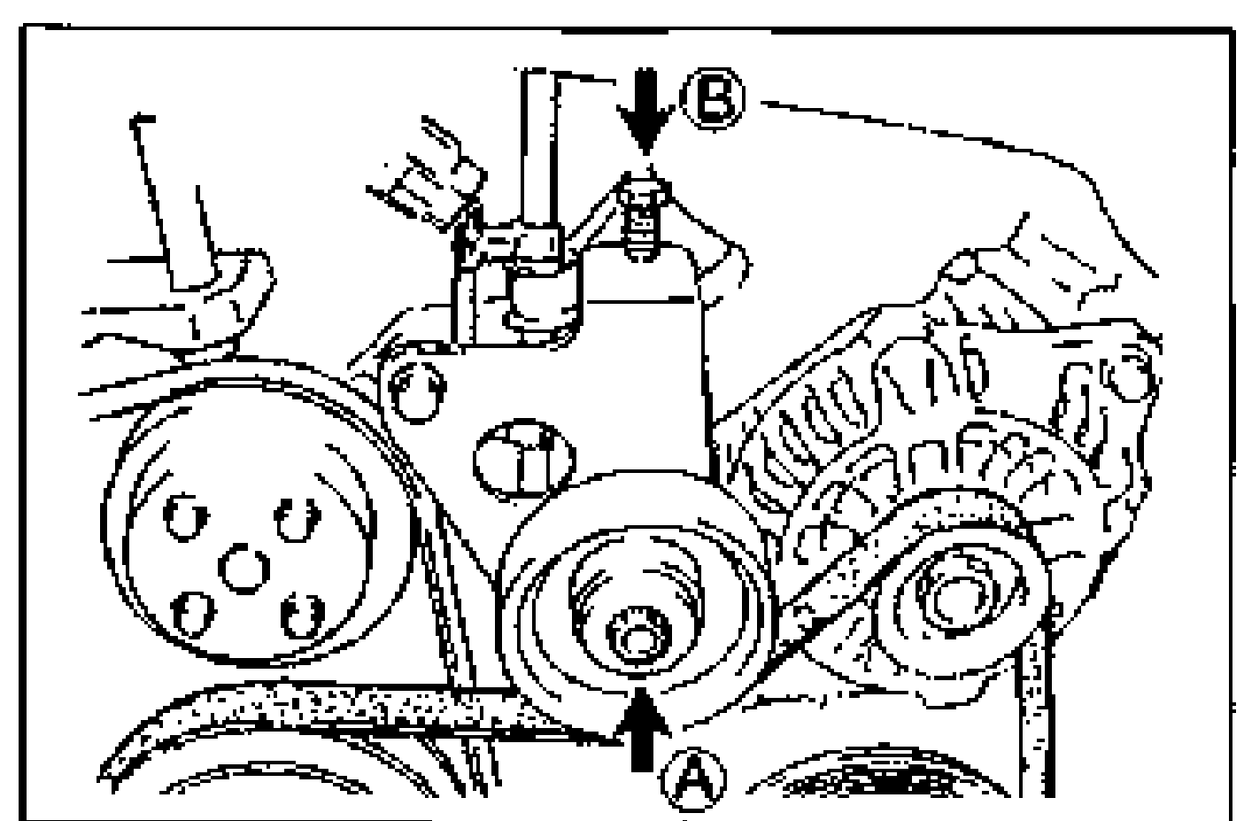 Generator/A/C accessory area showing idler pulley adjustment. Callout (A) marks the idler pulley locknut (lower arrow), callout (B) marks the adjusting bolt (upper arrow).