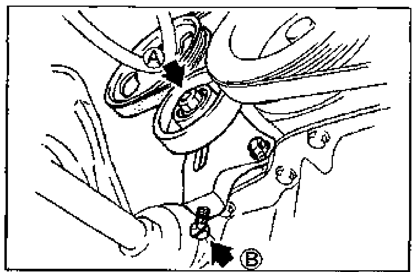 P/S pump area showing idler pulley adjustment. Callout (A) marks the idler pulley locknut (upper arrow), callout (B) marks the adjusting bolt (lower arrow).