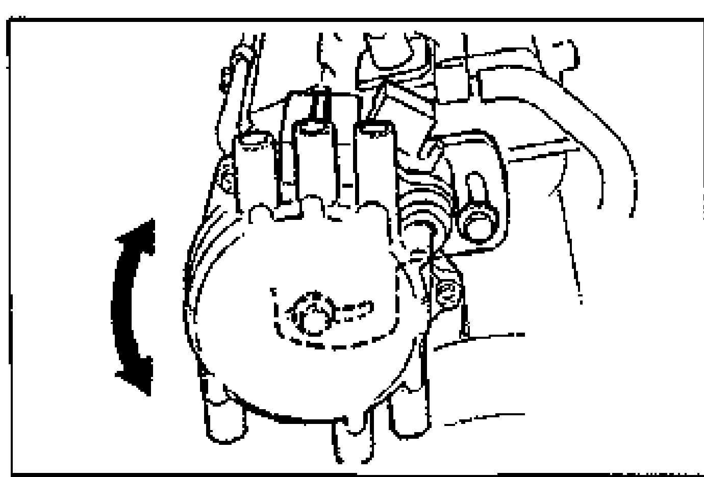 Distributor mounted on the engine with spark plug leads on top and a double-headed curved arrow on the left indicating rotating the distributor to adjust ignition timing.