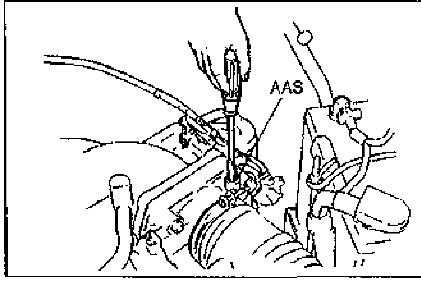 Throttle body / idle air area with a screwdriver adjusting the air adjusting screw, callout AAS pointing to the air adjusting screw.