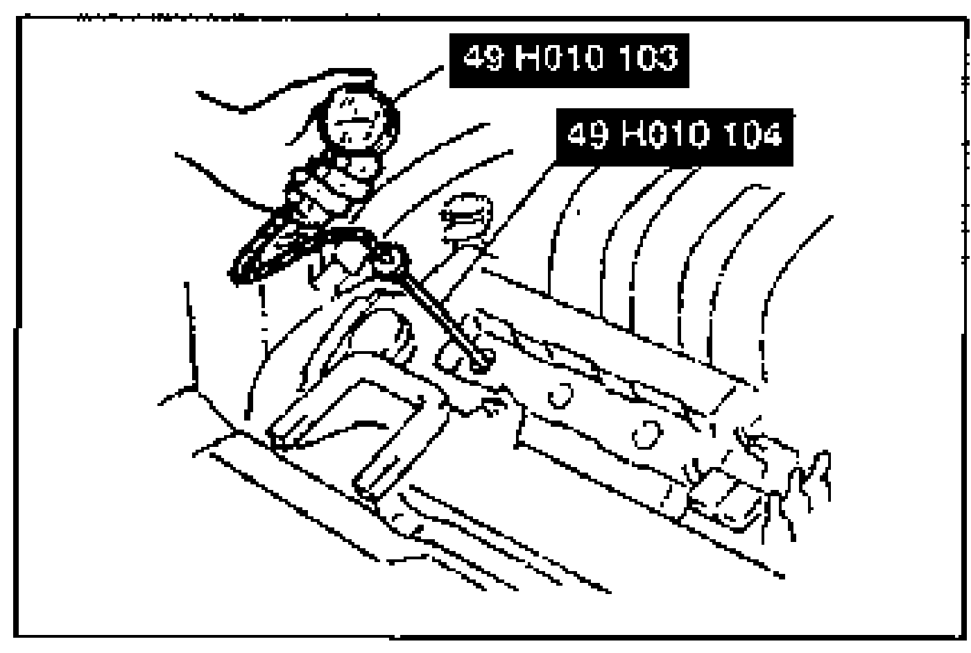 Illustration of the compression gauge (49 H010 103) and adaptor (49 H010 104) installed into the No.1 spark plug hole on the cylinder head.