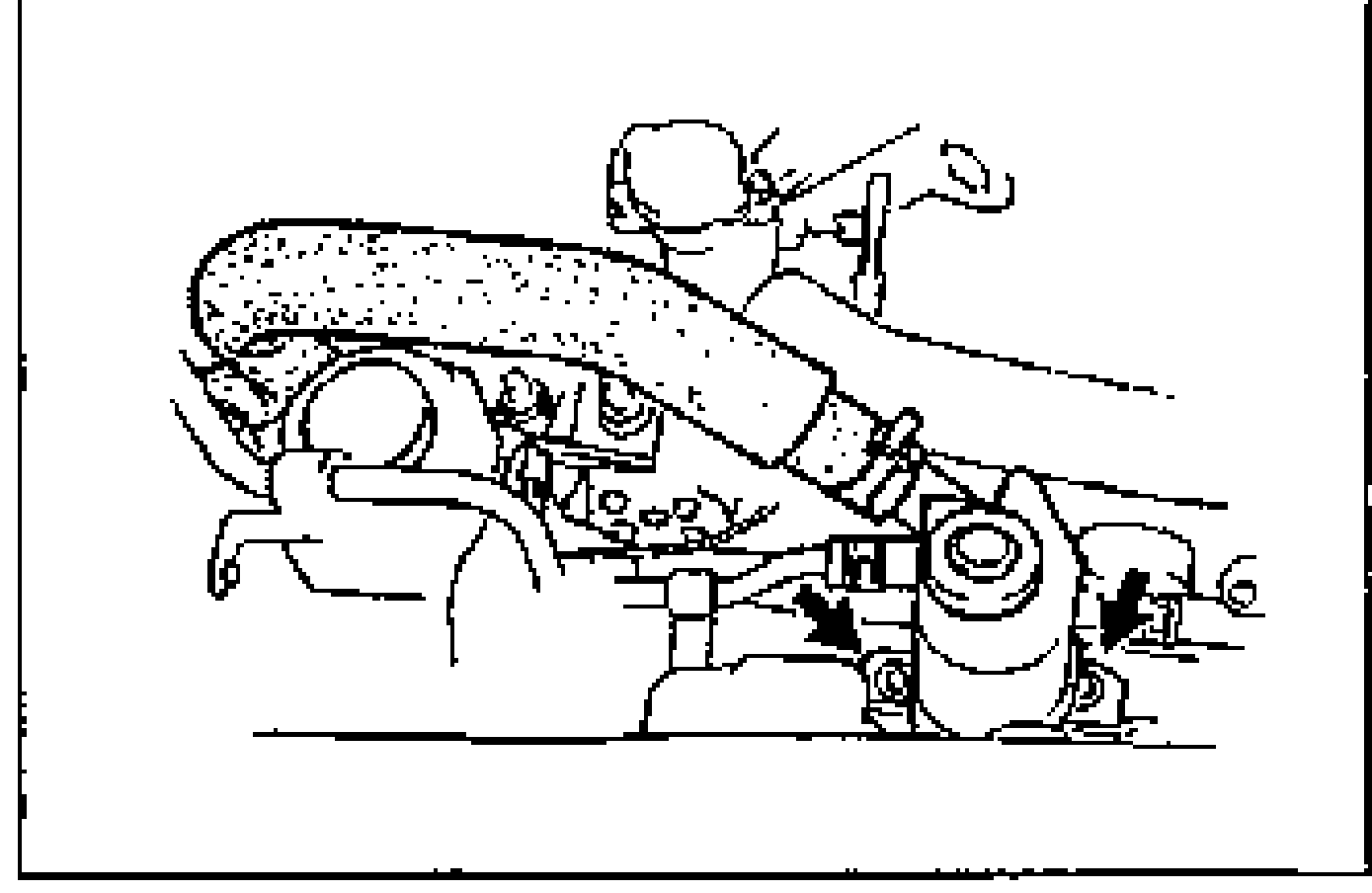 Illustration showing the P/S oil reservoir and hose; arrows indicate the bolts to remove so the reservoir can be secured away from the engine.