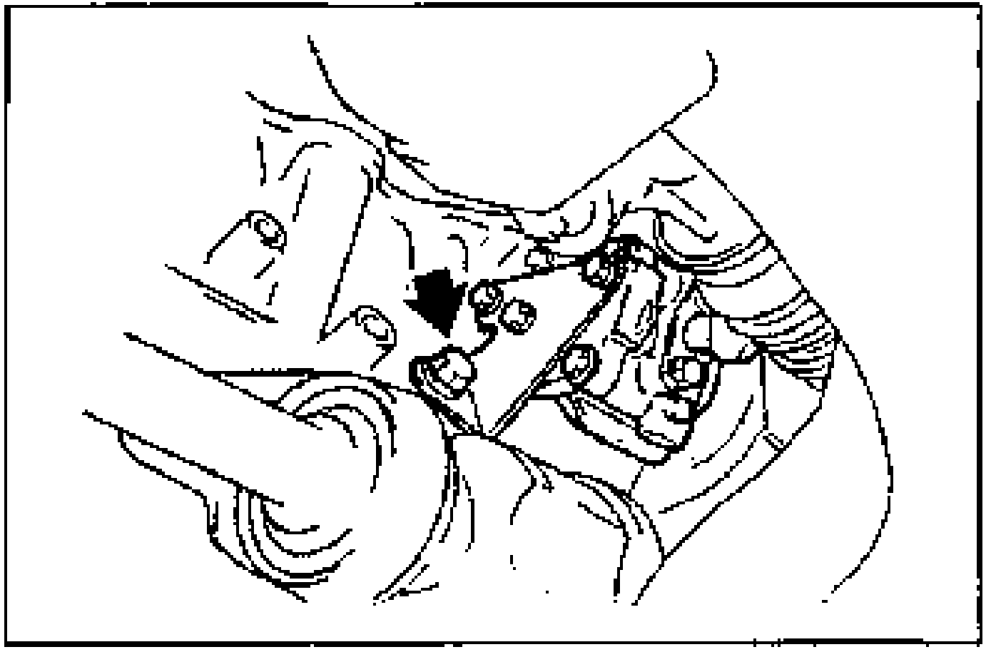 Illustration of the P/S oil pump mounting; an arrow points to the single bolt to be removed.