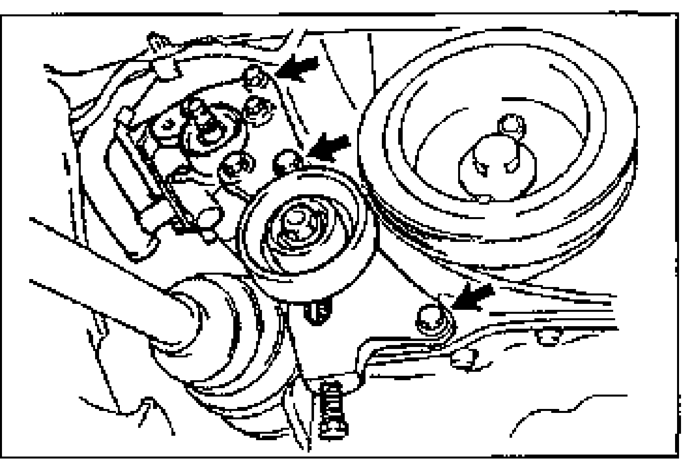 Illustration of the P/S oil pump and pulley; arrows point to the mounting bolts to remove so the pump can be positioned away from the engine.