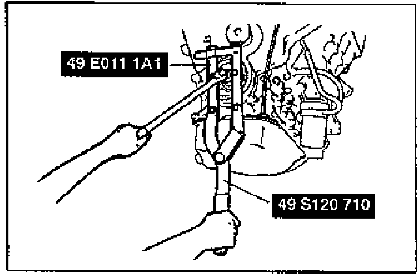 Illustration of SST holder set (49 E011 1A1) and coupling-flange holder (49 S120 710) installed on the crankshaft pulley to hold it while the pulley bolt is removed.