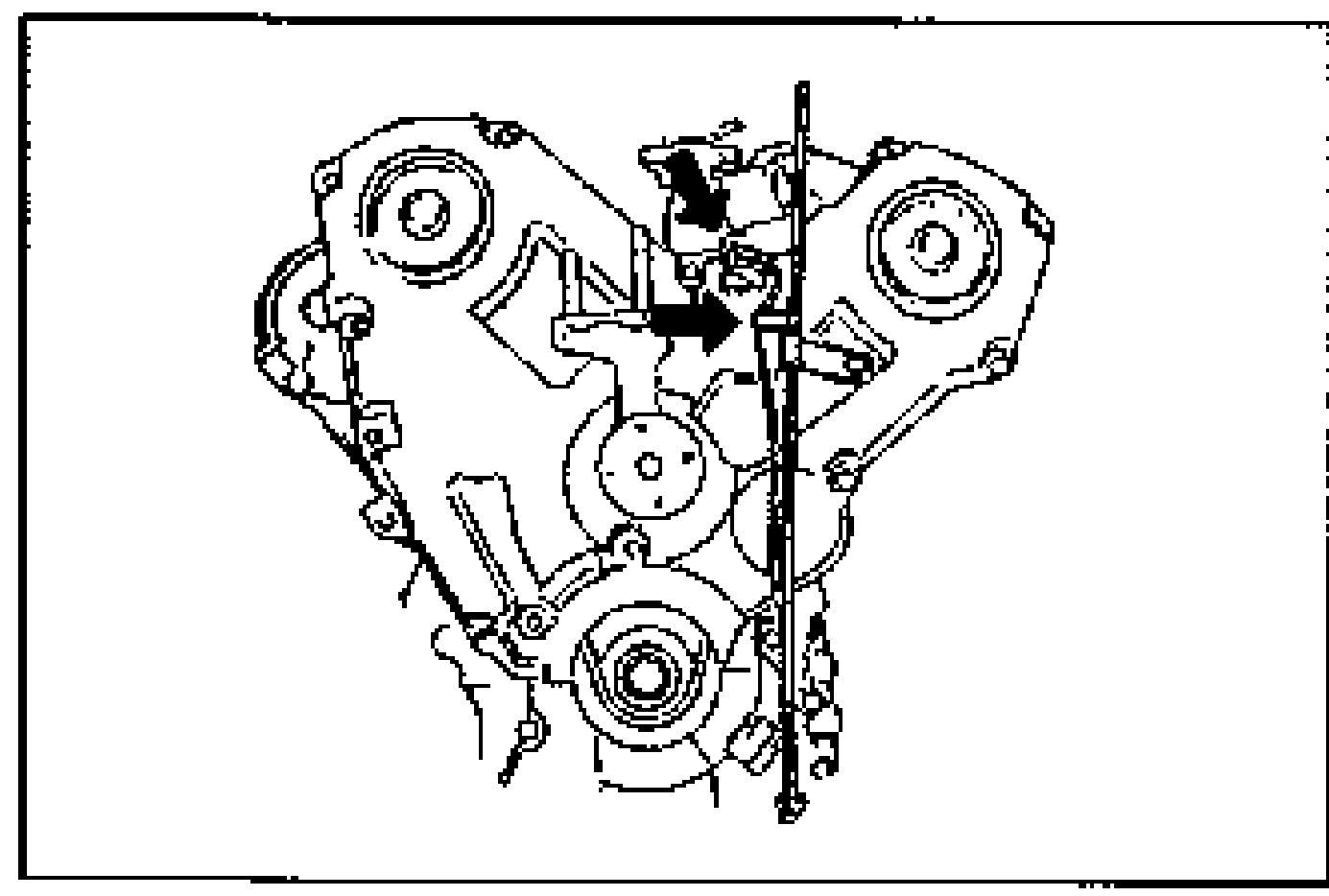 Illustration of the front engine cover area; arrows point to the crankshaft position sensor connector and the clip on the dipstick pipe to be removed.