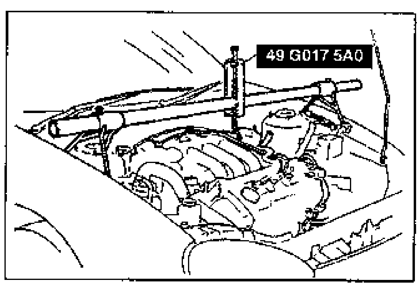 Illustration of the engine being supported using SST engine support (49 G017 5A0) for timing belt cover removal.