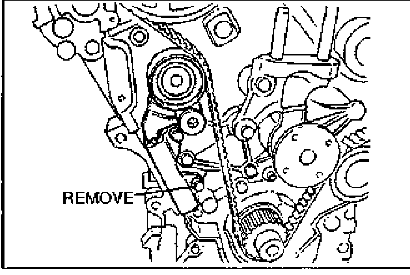 Illustration of the auto tensioner with a 'REMOVE' label pointing to the lower bolt to be removed; tensioner bolt holes shown.