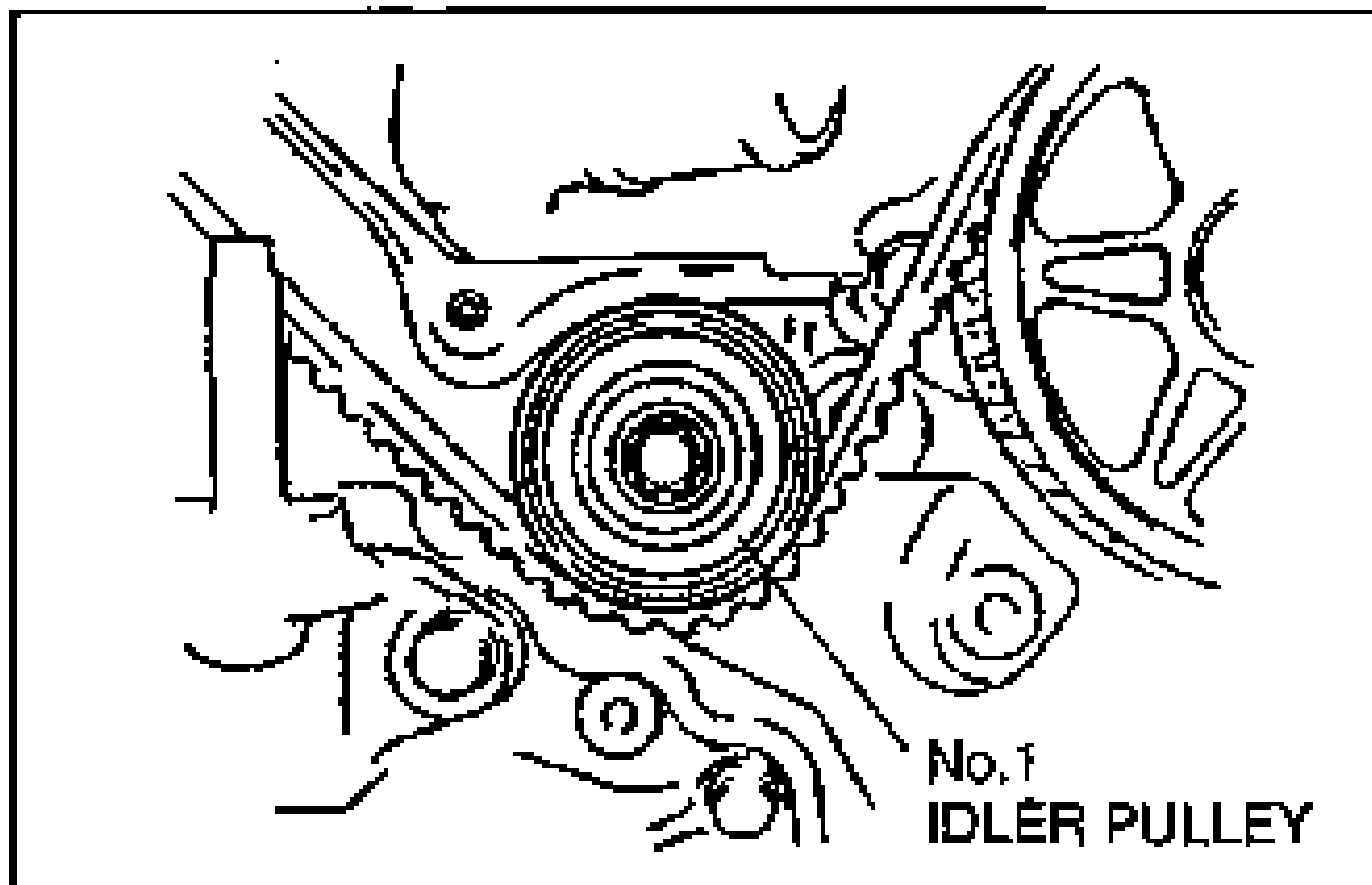 Illustration of the No.1 idler pulley (labelled 'No.1 IDLER PULLEY') being removed to release the timing belt.