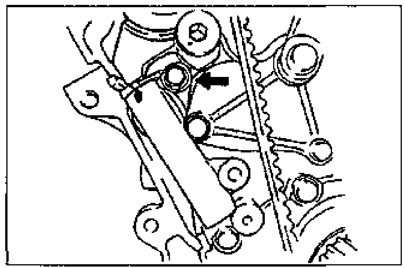 Illustration of the tensioner set in place among the pulleys and timing belt; an arrow points to the tensioner upper bolt to be snugly tightened.