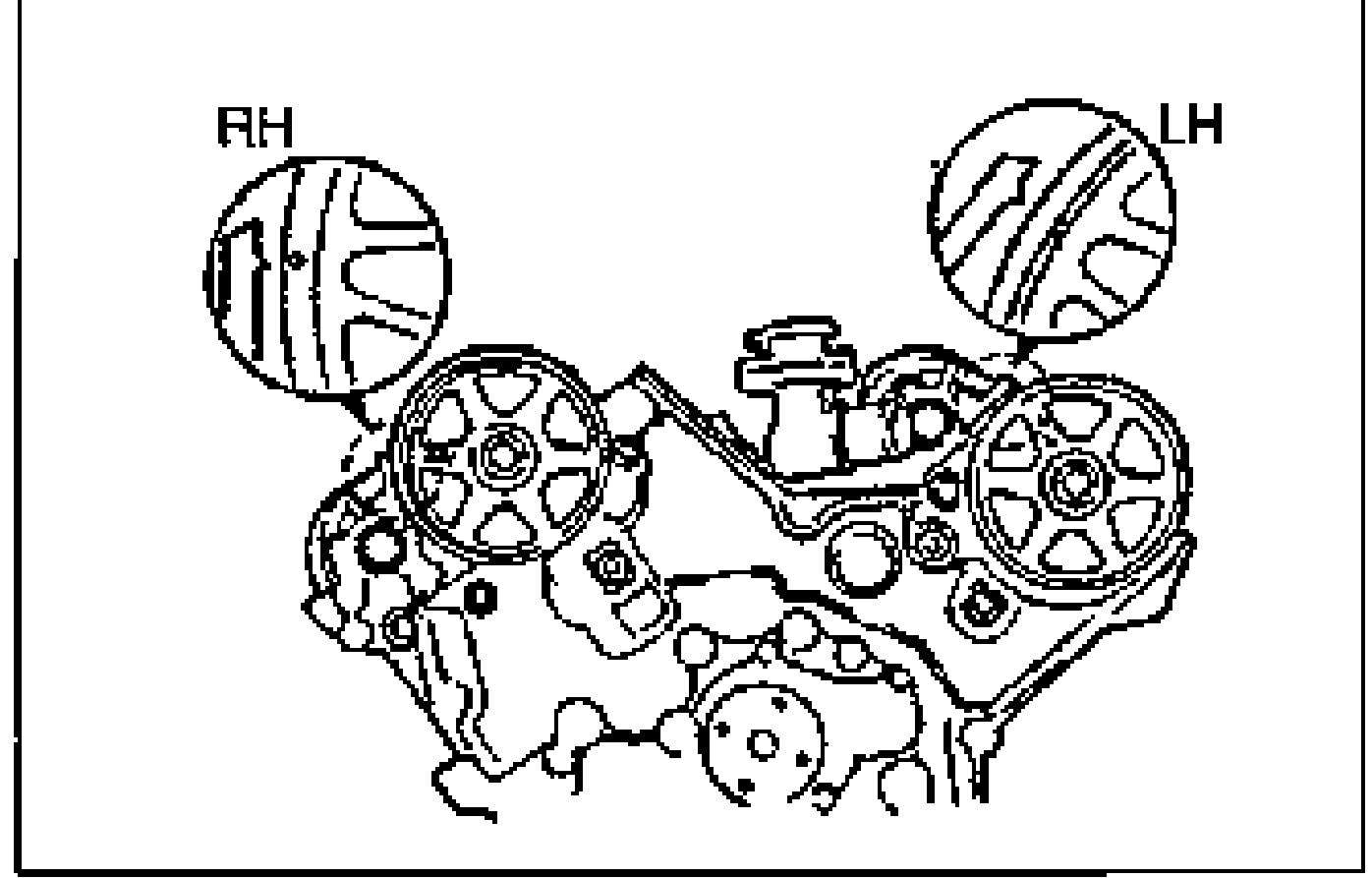 Illustration of the RH and LH camshaft pulleys (labelled 'RH' and 'LH') being turned clockwise to align the timing marks.