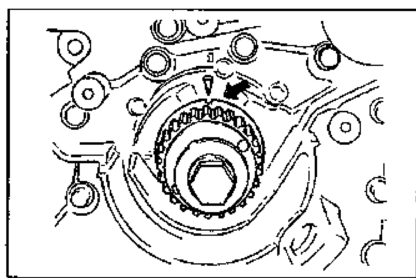 Illustration of the crankshaft timing belt pulley and oil pump; an arrow points to the aligned timing marks of the timing belt pulley and the oil pump.