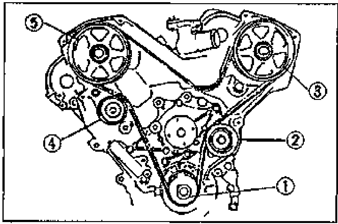 Illustration of the front of the engine showing the timing belt routing over the pulleys with numbered callouts 1-5 indicating the installation order: 1 timing belt pulley, 2 No.2 idler pulley, 3 LH camshaft pulley, 4 tensioner pulley, 5 RH camshaft pulley.