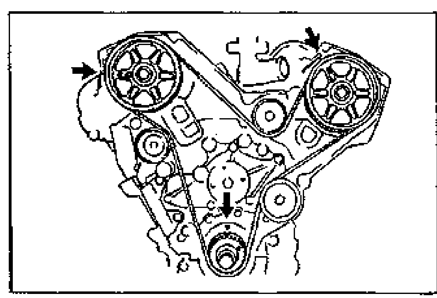 Illustration of the front timing belt assembly; arrows point to the timing marks on the camshaft pulleys and crankshaft pulley to verify alignment after turning the crankshaft.