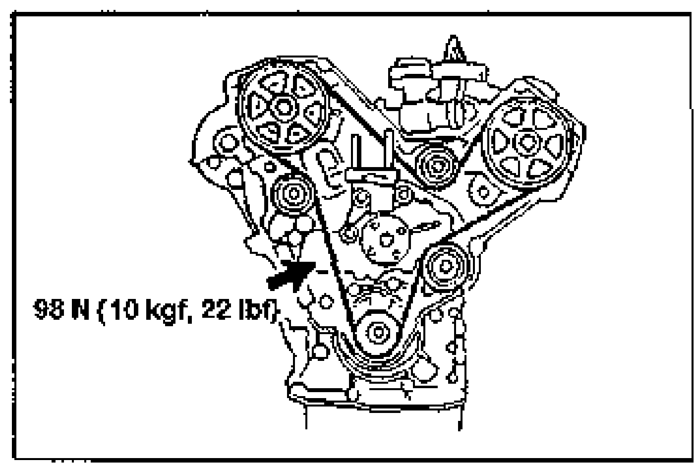 Illustration of the timing belt; an arrow with label '98 N {10 kgf, 22 lbf}' points midway between the crankshaft pulley and the auto tensioner where moderate pressure is applied to check belt deflection.