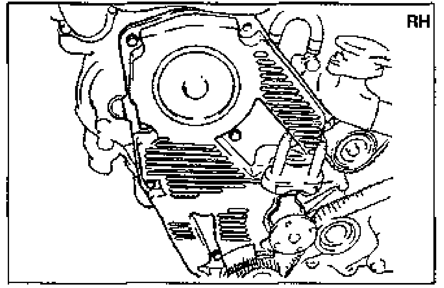 Illustration of the right timing belt cover ('RH') installed over the camshaft pulley area.