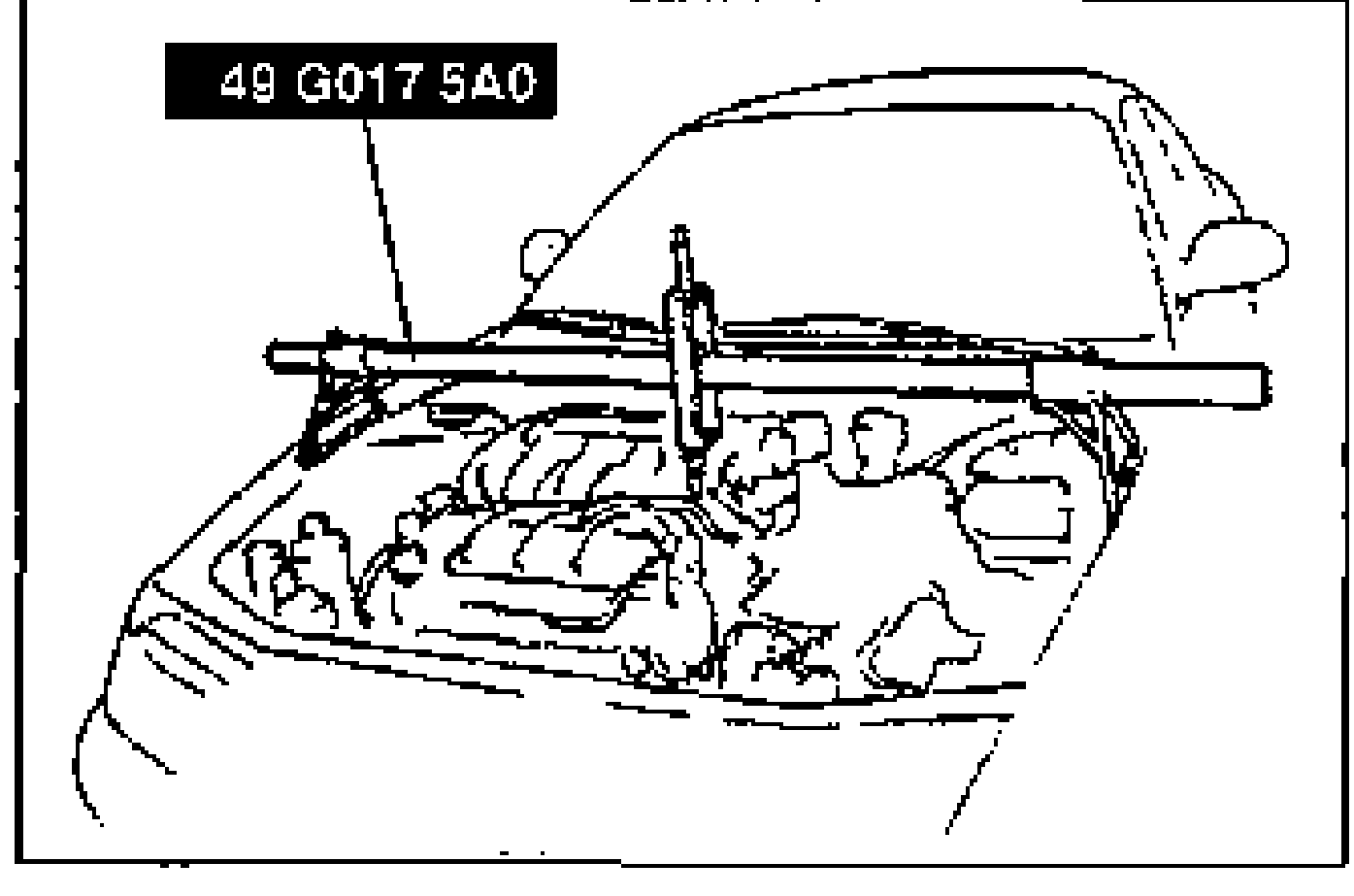Engine support bar (SST 49 G017 5A0) installed across the engine bay over the engine, used to support the engine; label box reads '49 G017 5A0'.