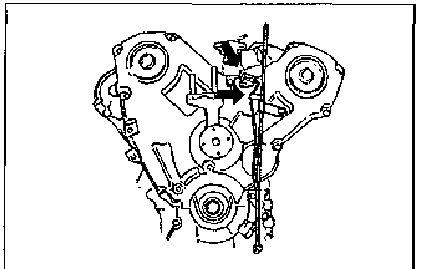 Front of engine showing crankshaft position sensor harness and clip routed to the dipstick pipe; an arrow points to the clip/connector location.