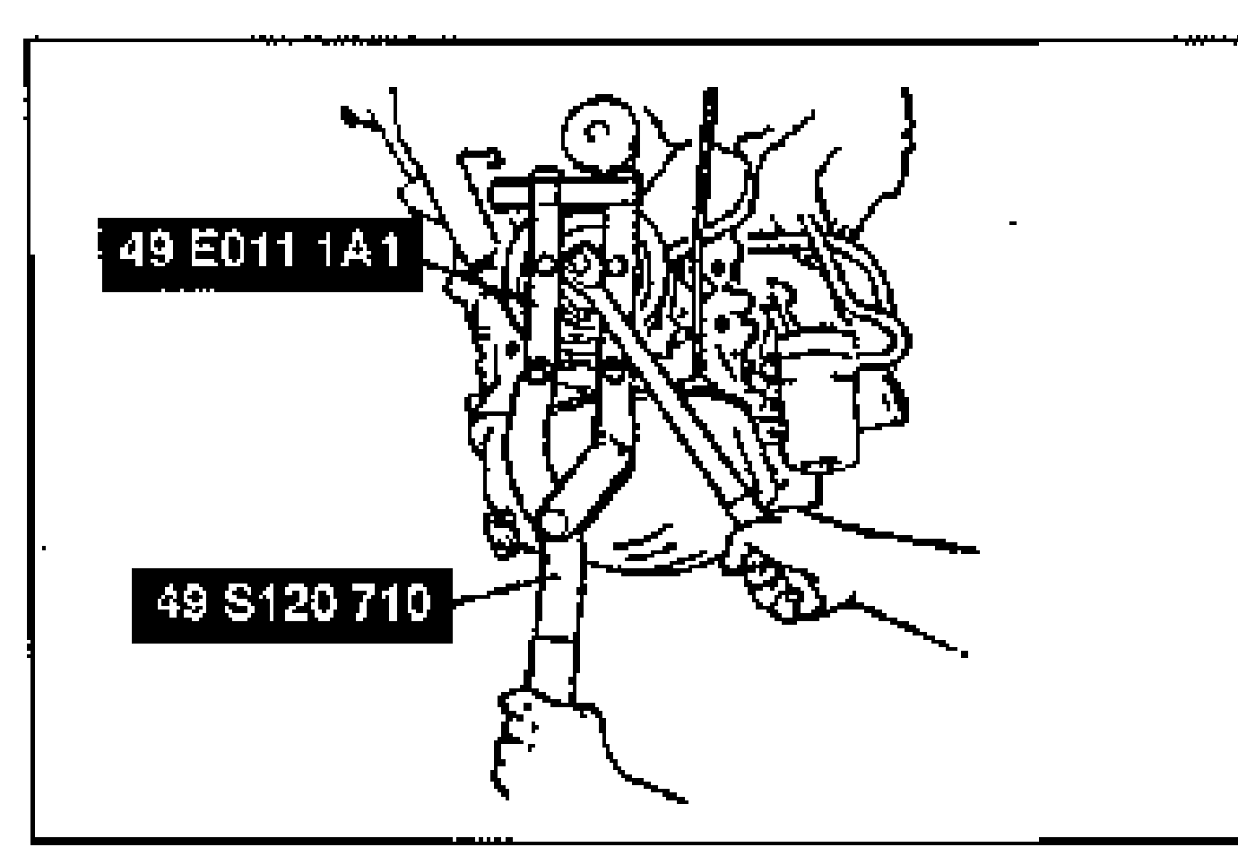 Crankshaft pulley held with SST 49 E011 1A1 and 49 S120 710 while tightening the pulley bolt; the two SST label boxes read '49 E011 1A1' (upper) and '49 S120 710' (lower).