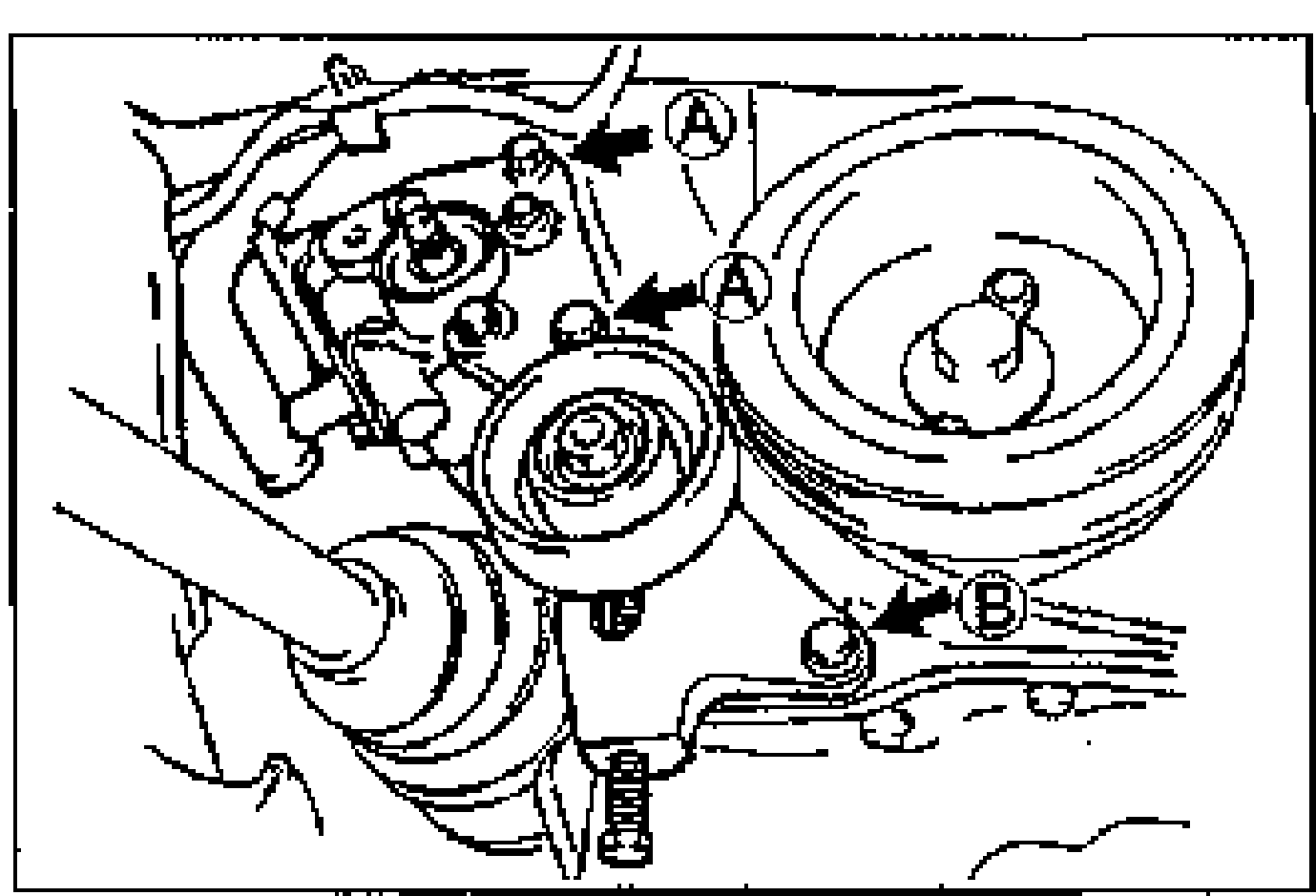 P/S oil pump installation showing mounting bolts with callouts (A) and (B); arrows point to the bolt locations and their respective tightening torques.