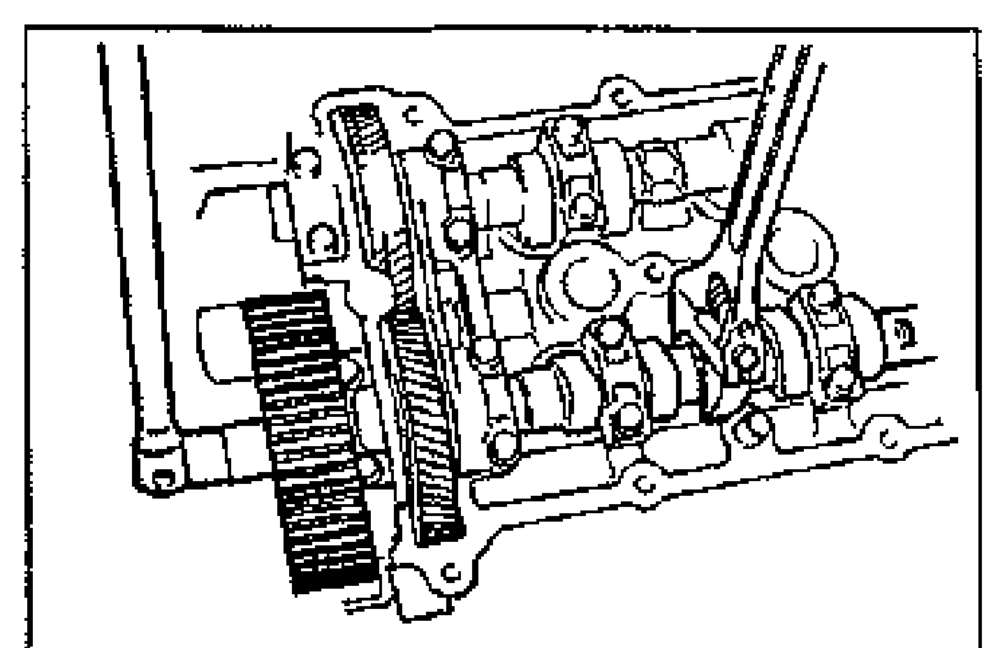Camshaft and pulley area; a wrench engages the cast hexagon on the camshaft to hold it while loosening the camshaft pulley lock bolts.