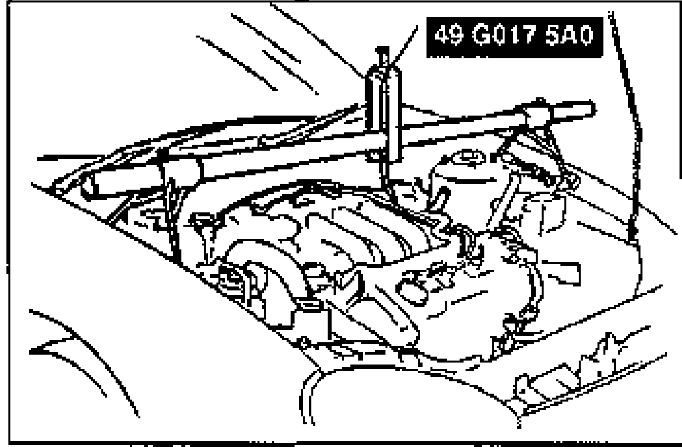 Engine bay with SST 49 G017 5A0 (engine support) installed over the engine to support it; label box reads '49 G017 5A0'.