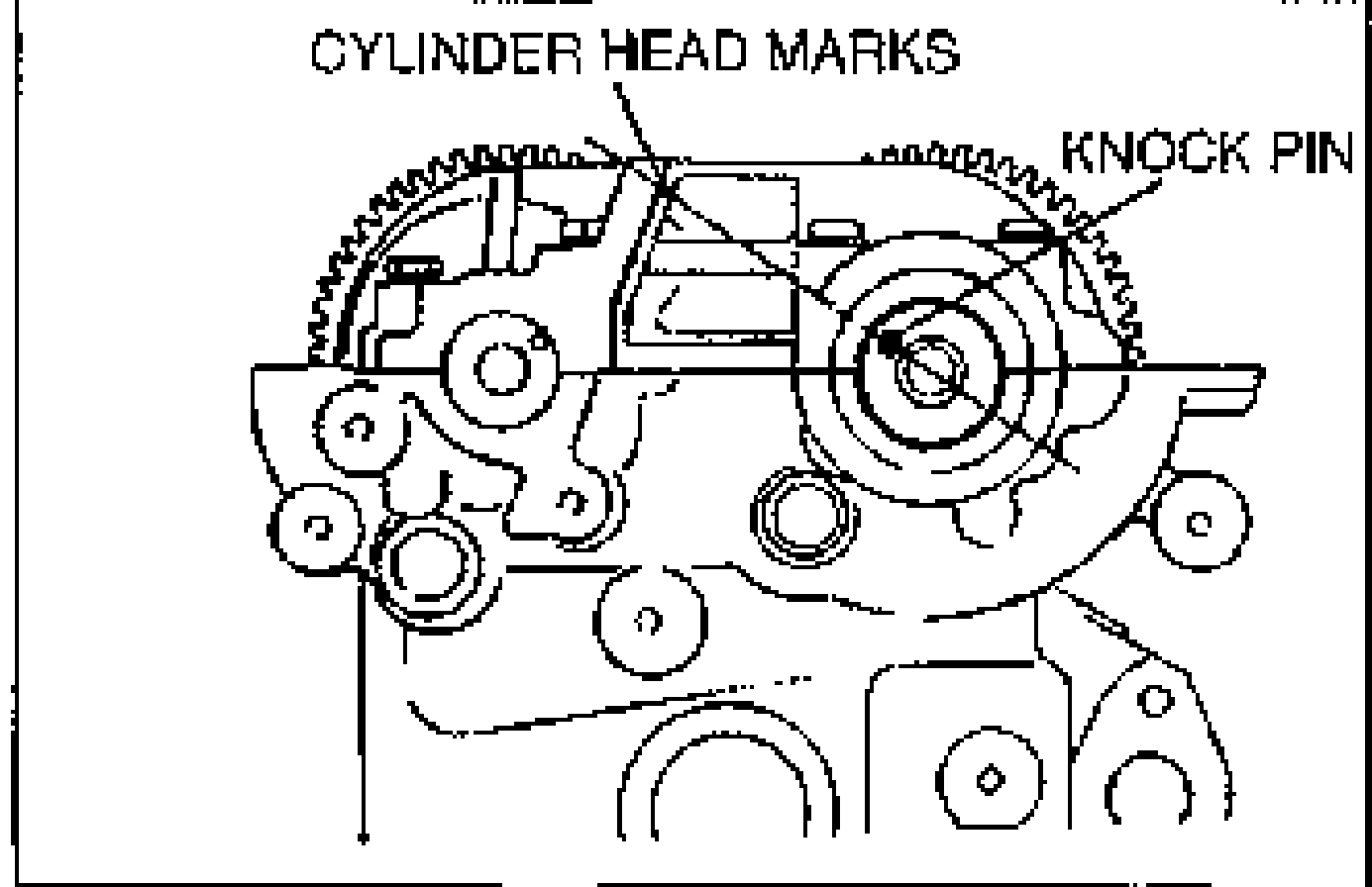 Front of cylinder head showing the camshaft, with leader lines to CYLINDER HEAD MARKS and KNOCK PIN used to align the camshaft knock pin to the cylinder head marks.