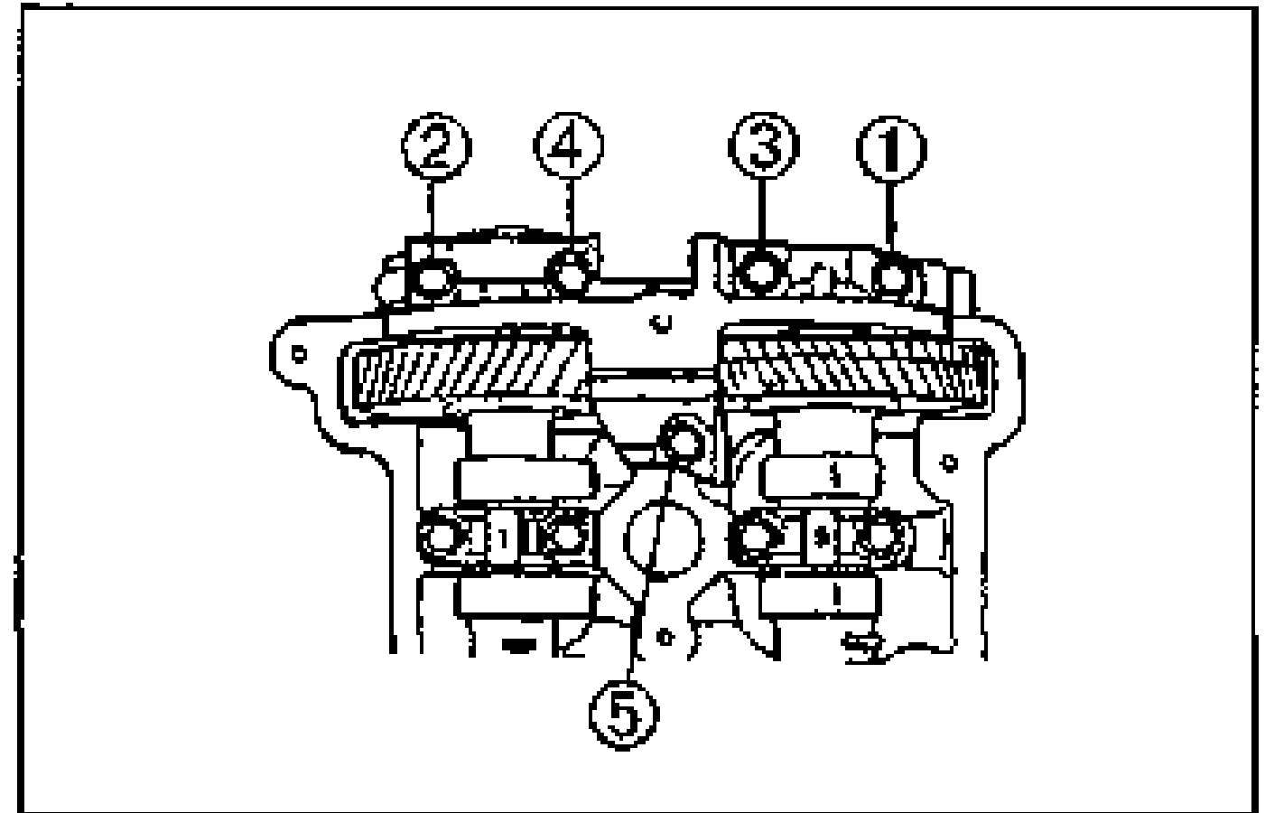 Top view of the front camshaft cap showing the bolt loosening order with numbered callouts 1, 2, 3, 4 across the top and 5 at the bottom center.