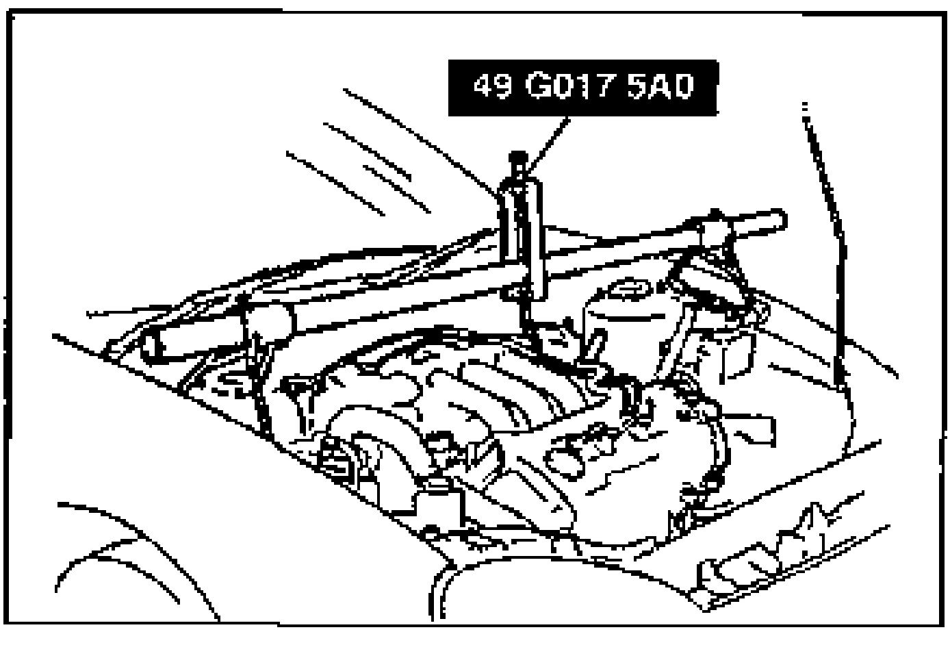 Engine bay with SST 49 G017 5A0 (engine support) installed over the engine; label box reads '49 G017 5A0'. Shown for removing the SST.