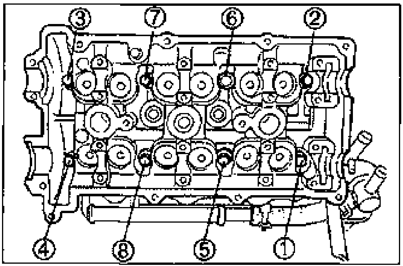 Top view of the cylinder head showing the cylinder head bolt loosening order. Numbered callouts top row 3, 7, 6, 2 and bottom row 4, 8, 5, 1.