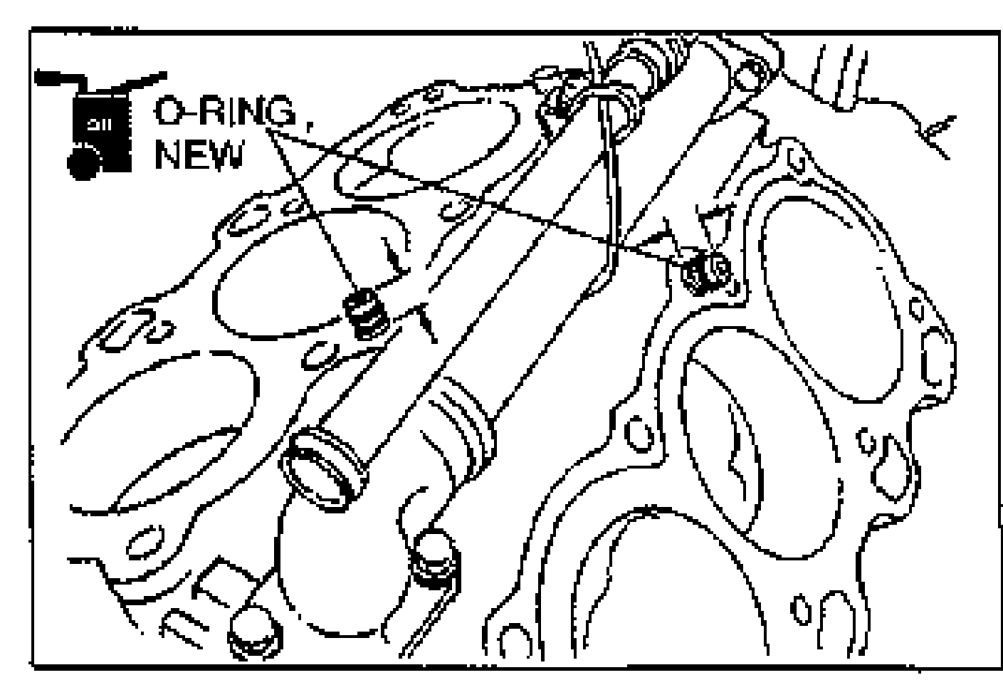 Cylinder block deck view showing the oil control plugs; a callout labelled O-RING NEW with a leader points to the oil control plug O-ring locations to be replaced with new O-rings.