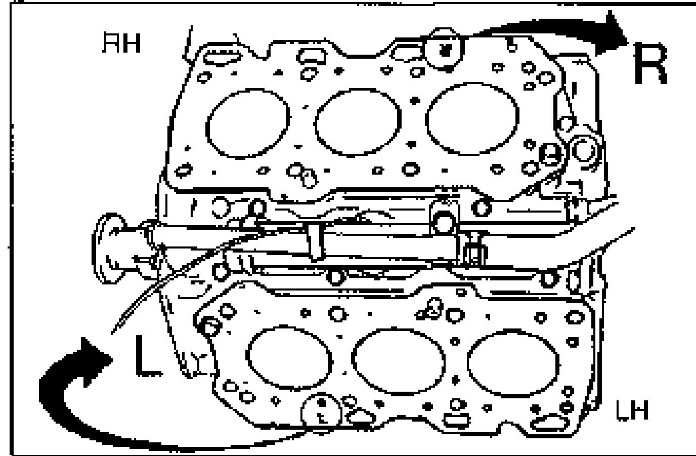 Two cylinder head gaskets shown for the RH and LH banks; the RH gasket has a curved arrow with 'R' marking and the LH gasket a curved arrow with 'L' marking, indicating gasket orientation/identification per bank.
