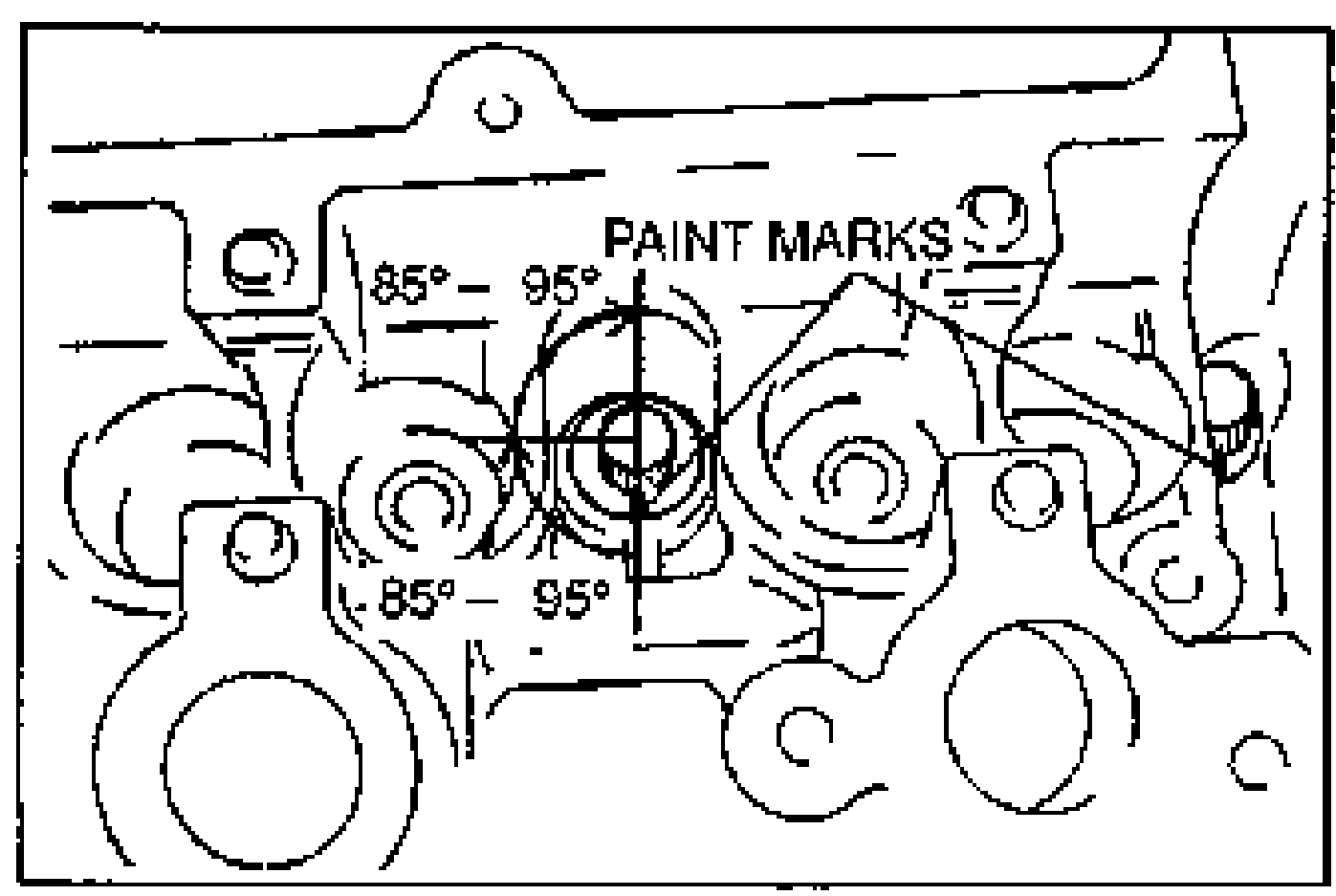 Cylinder head bolt head detail with leader to PAINT MARKS and annotations '85°-95°' indicating the angle each bolt is to be turned using the paint mark as a reference.