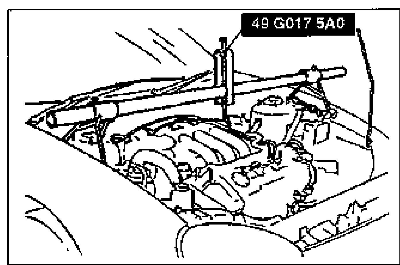 Engine bay view showing the engine supported by the SST engine support tool (labeled 49 G017 5A0) bridging across the engine. The intake manifold is visible.