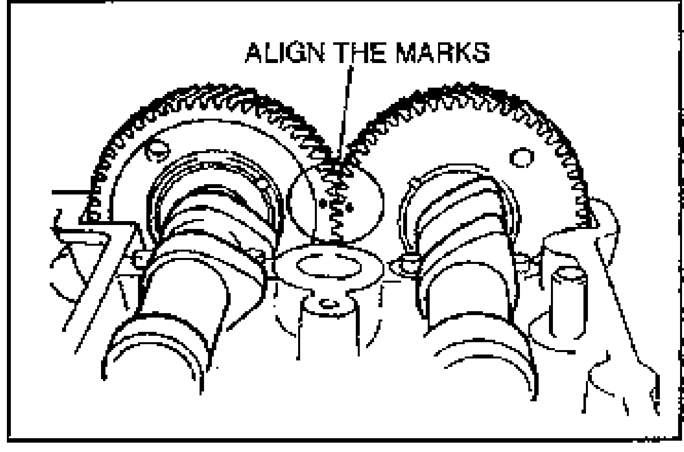 View of the two camshaft gears meshed together with the instruction ALIGN THE MARKS pointing to the timing marks where the intake and exhaust camshaft gears mesh.