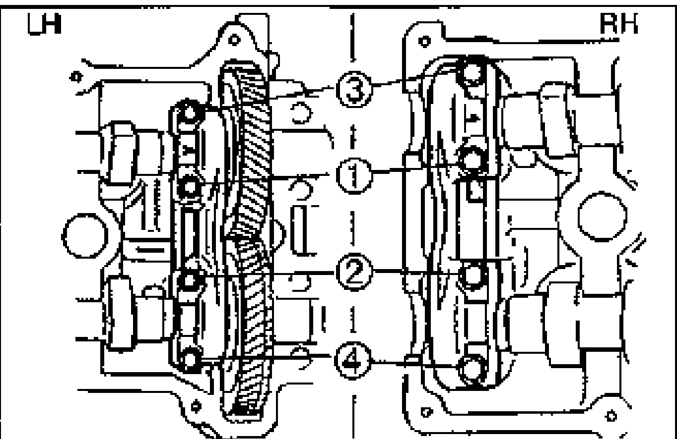 Two cylinder-head top views labeled LH and RH showing camshaft cap bolt tightening order with numbered callouts 1, 2, 3, 4 indicating the sequence to install the thrust caps.
