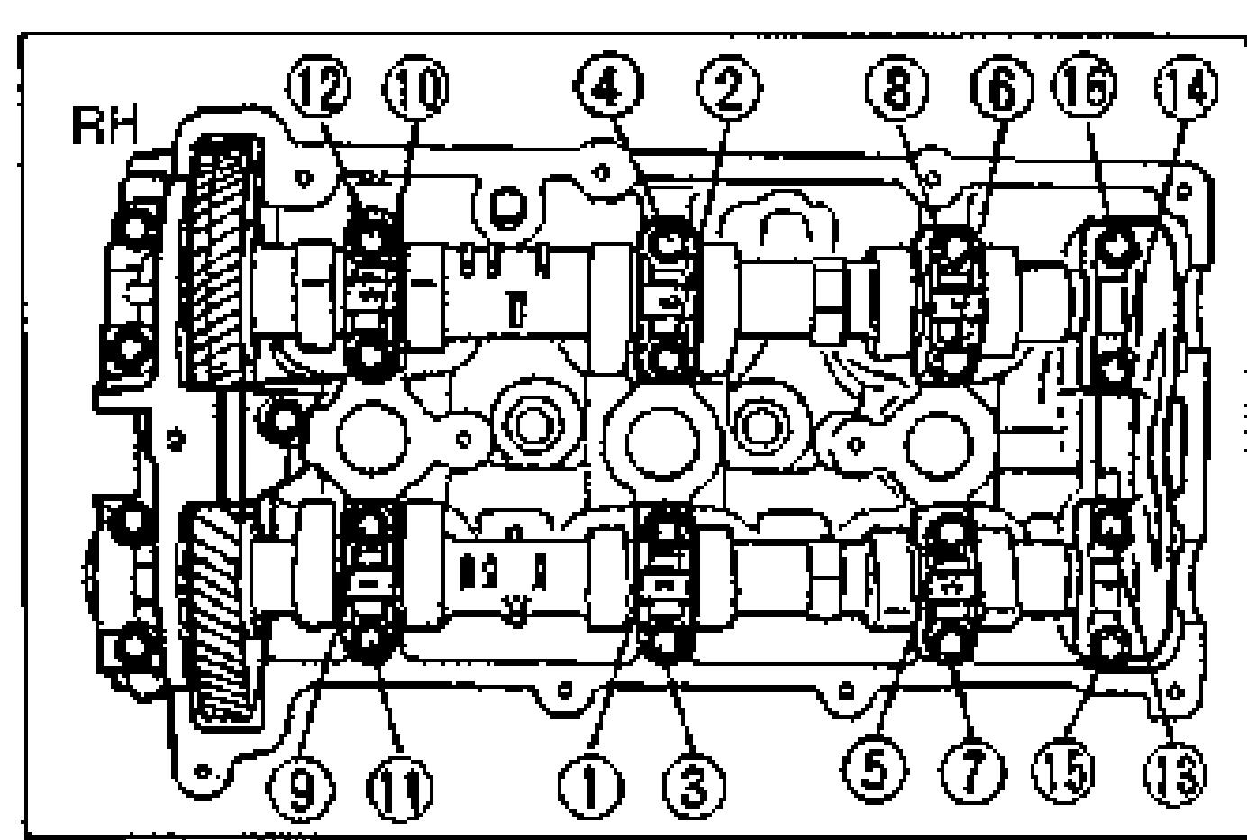 Top view of the RH cylinder head camshaft caps showing the camshaft cap bolt tightening sequence with numbered callouts 1 through 16 arranged across the head.