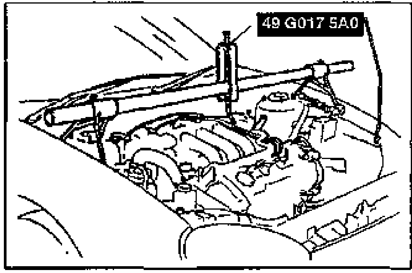 Engine bay view showing the SST engine support tool (labeled 49 G017 5A0) bridging the engine; illustrates removing the SST.