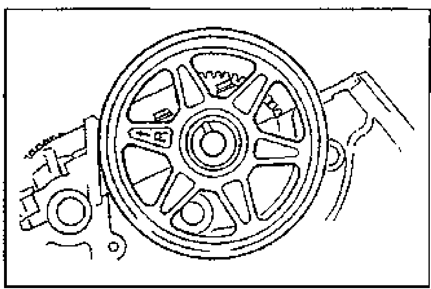 Front view of the RH camshaft pulley showing the spoked pulley with timing marks; illustrates installing the RH camshaft pulley so the "R" mark is visible and the timing mark aligns with the camshaft knock pin.