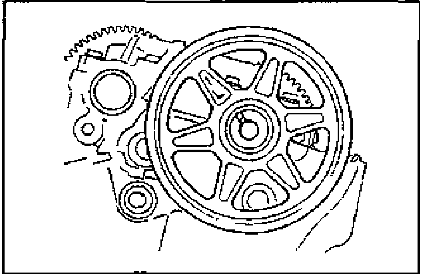 Front view of the LH camshaft pulley showing the spoked pulley with timing marks; illustrates installing the LH camshaft pulley so the "L" mark is visible and the timing mark aligns with the camshaft knock pin.