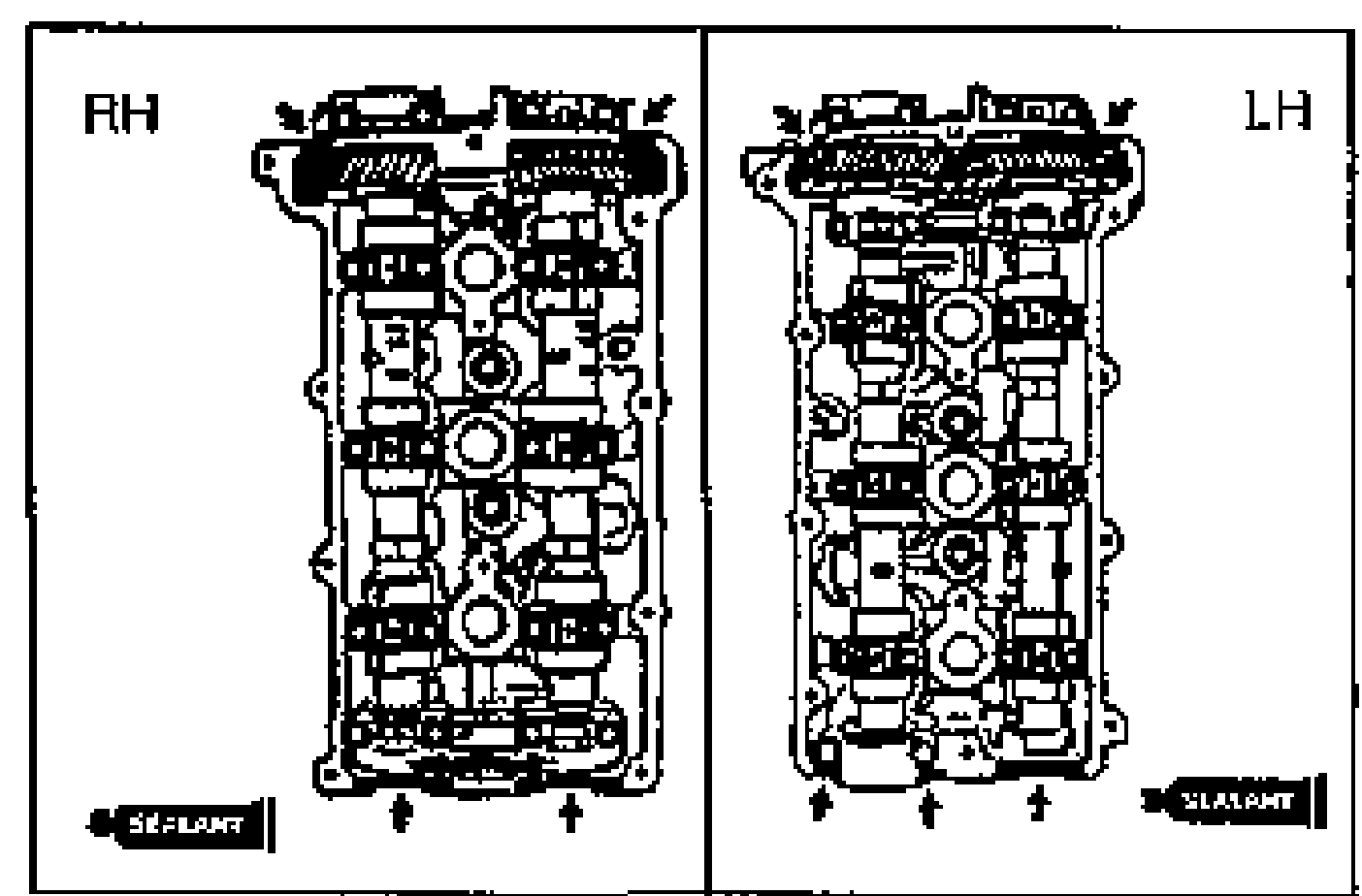 Two cylinder-head top views labeled RH and LH showing where to apply silicone sealant; arrows and SEALANT labels at the bottom-left indicate the sealant application areas on the cylinder head.