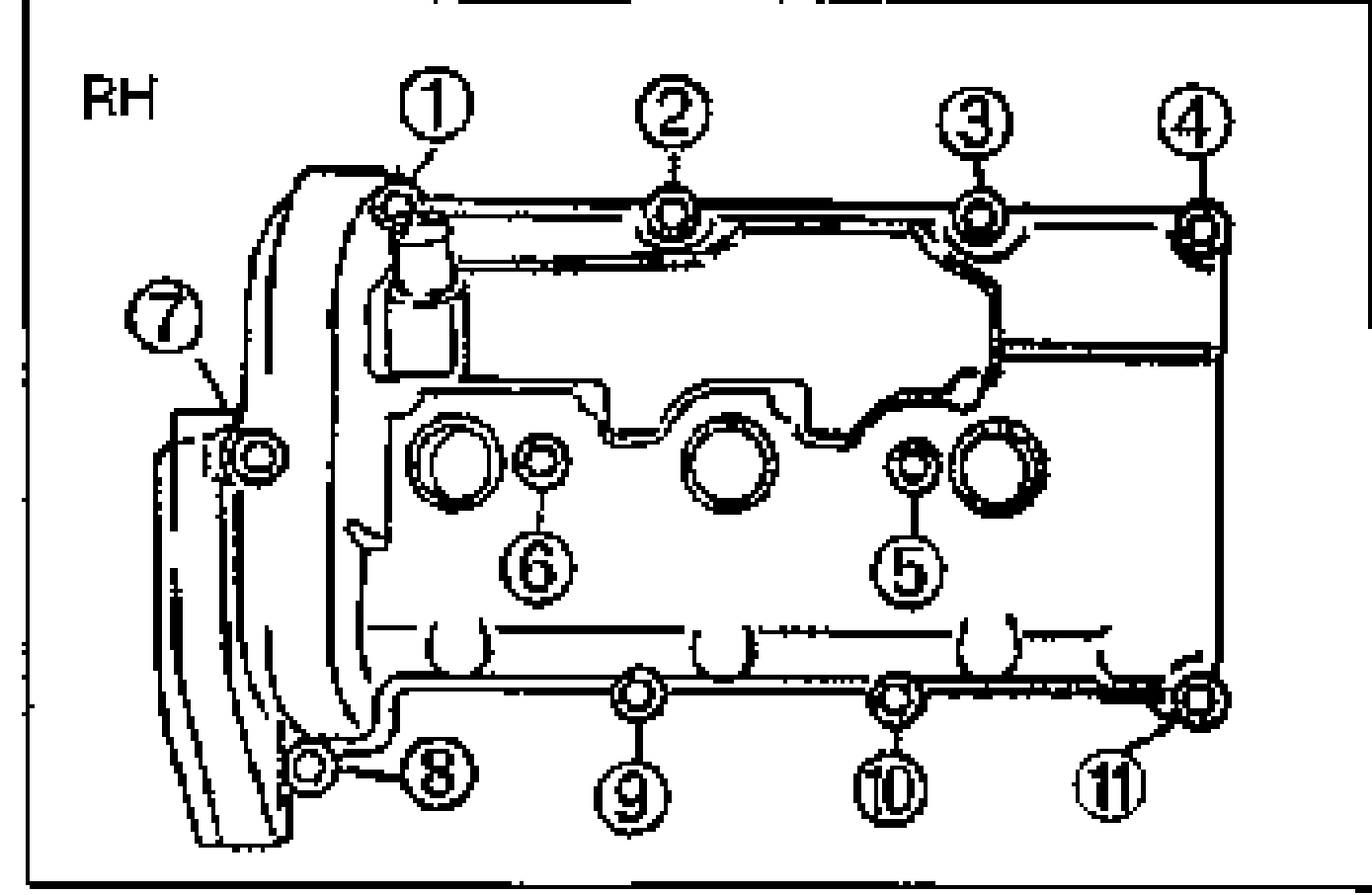 Top view of the RH cylinder head cover showing the bolt tightening sequence with numbered callouts 1 through 11 around the cover perimeter.