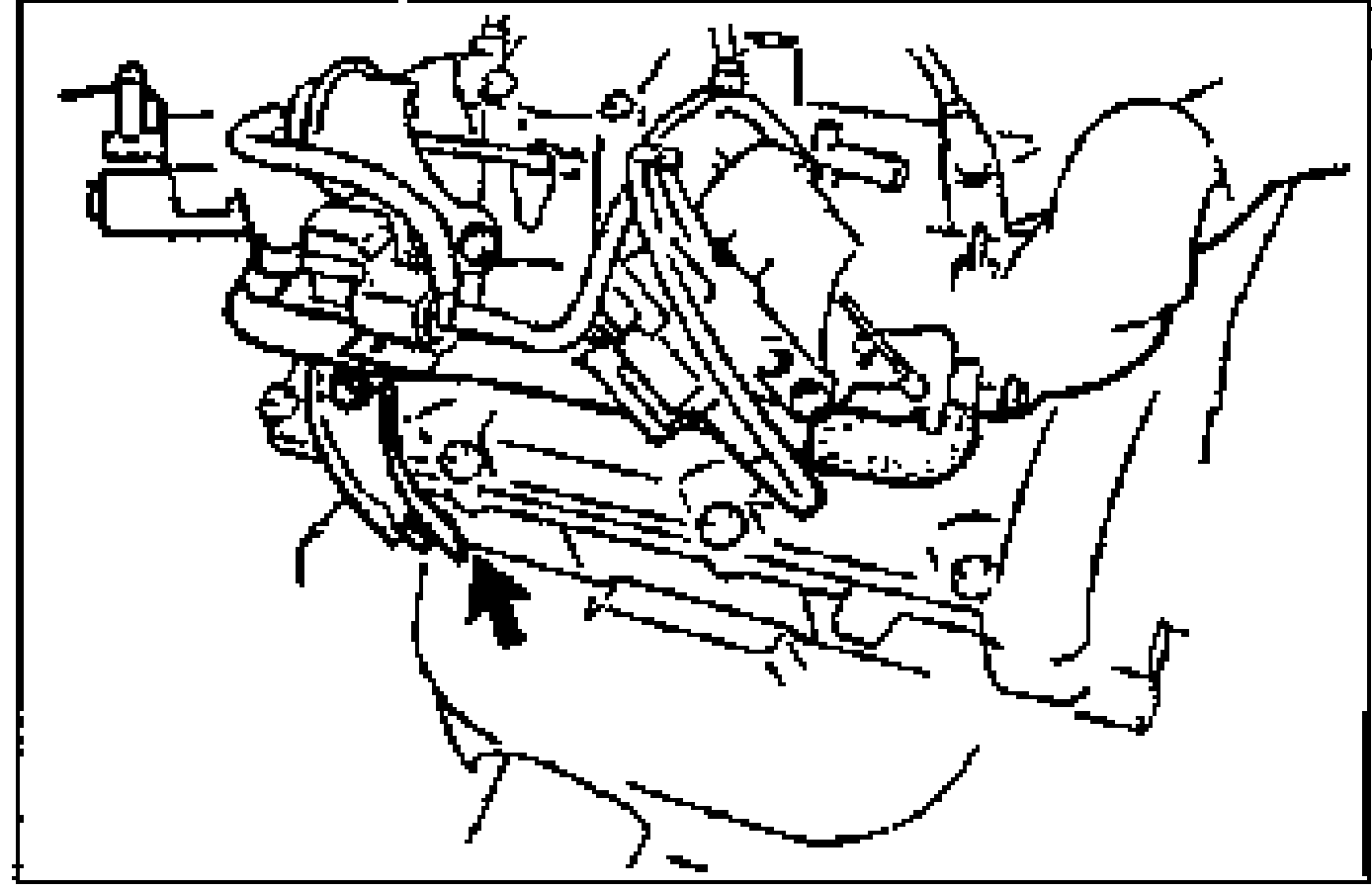 View of the intake manifold stay being installed; an arrow points to the stay mounting location below the manifold.