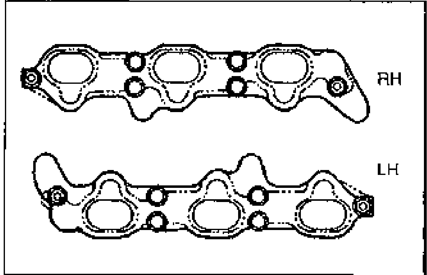 Two intake manifold gaskets labeled RH and LH showing the three port openings and bolt holes for each cylinder bank.