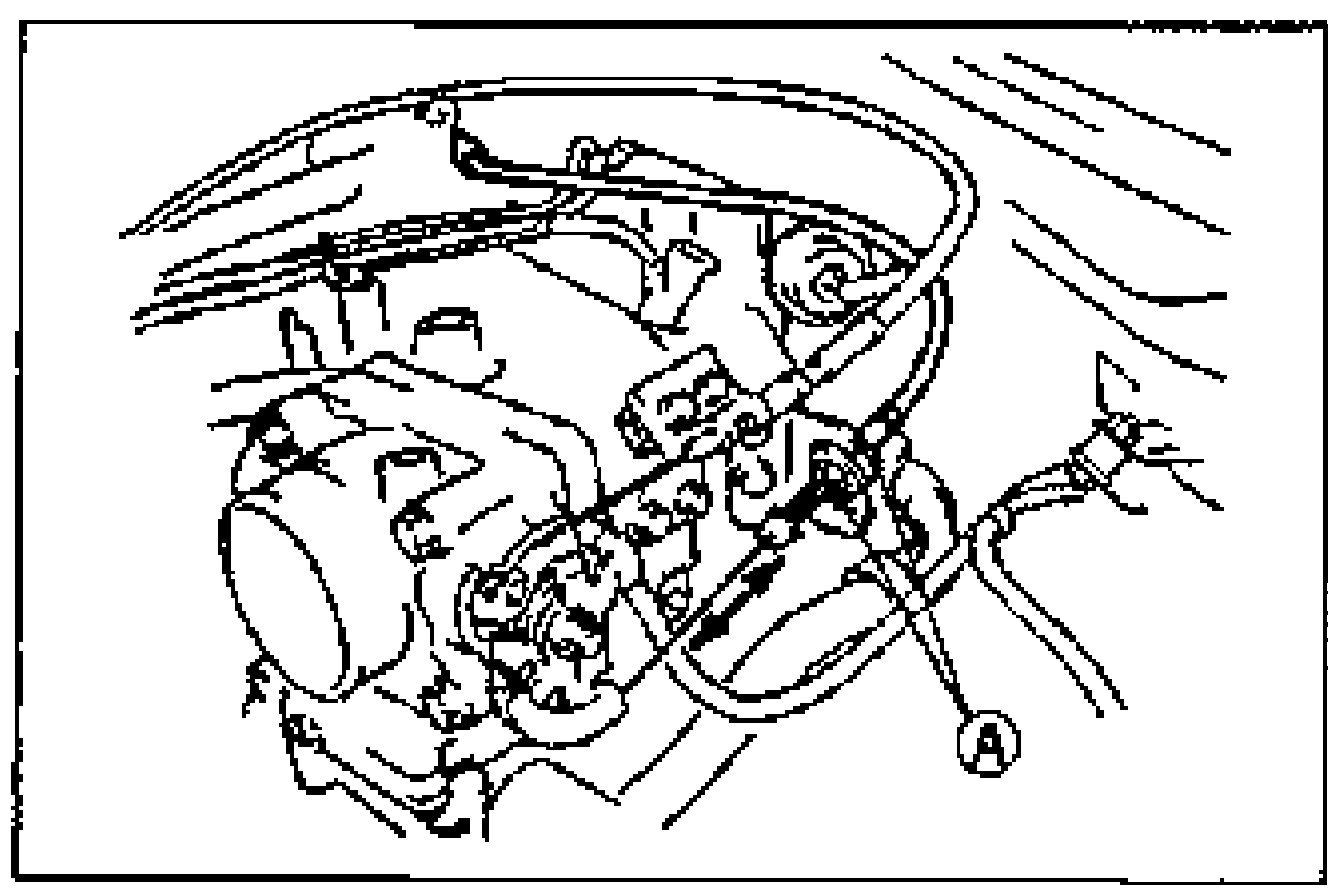 Close-up of the accelerator cable installation at the throttle body; callout A points to the adjustment nuts used to set the cable deflection.
