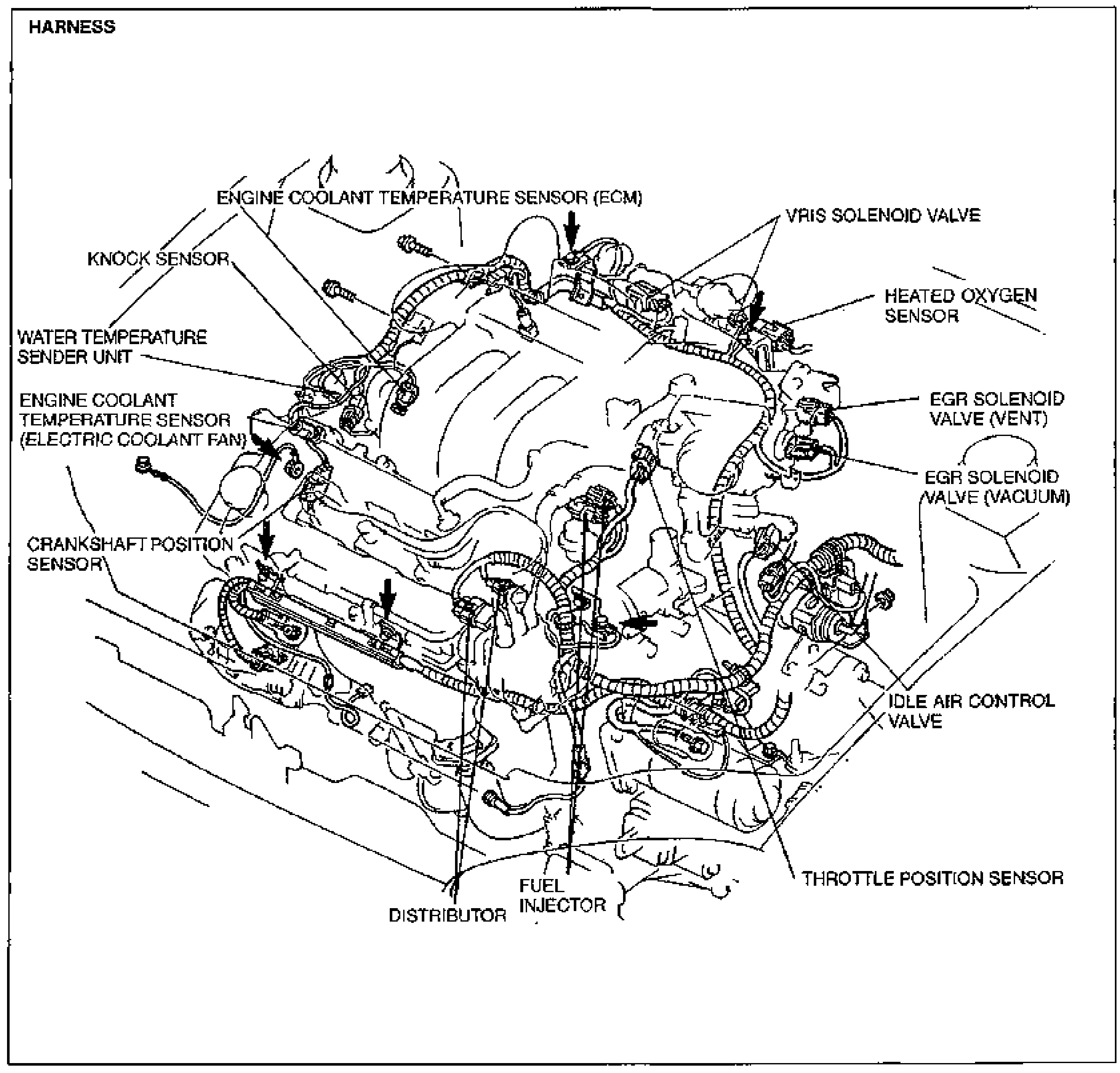 Engine-bay harness connector routing diagram (HARNESS) for the V6 engine showing connector disconnect points. Labeled callouts: ENGINE COOLANT TEMPERATURE SENSOR (ECM), VRIS SOLENOID VALVE, HEATED OXYGEN SENSOR, EGR SOLENOID VALVE (VENT), EGR SOLENOID VALVE (VACUUM), IDLE AIR CONTROL VALVE, THROTTLE POSITION SENSOR, KNOCK SENSOR, WATER TEMPERATURE SENDER UNIT, ENGINE COOLANT TEMPERATURE SENSOR (ELECTRIC COOLANT FAN), CRANKSHAFT POSITION SENSOR, DISTRIBUTOR, FUEL INJECTOR. Arrows mark each connector.
