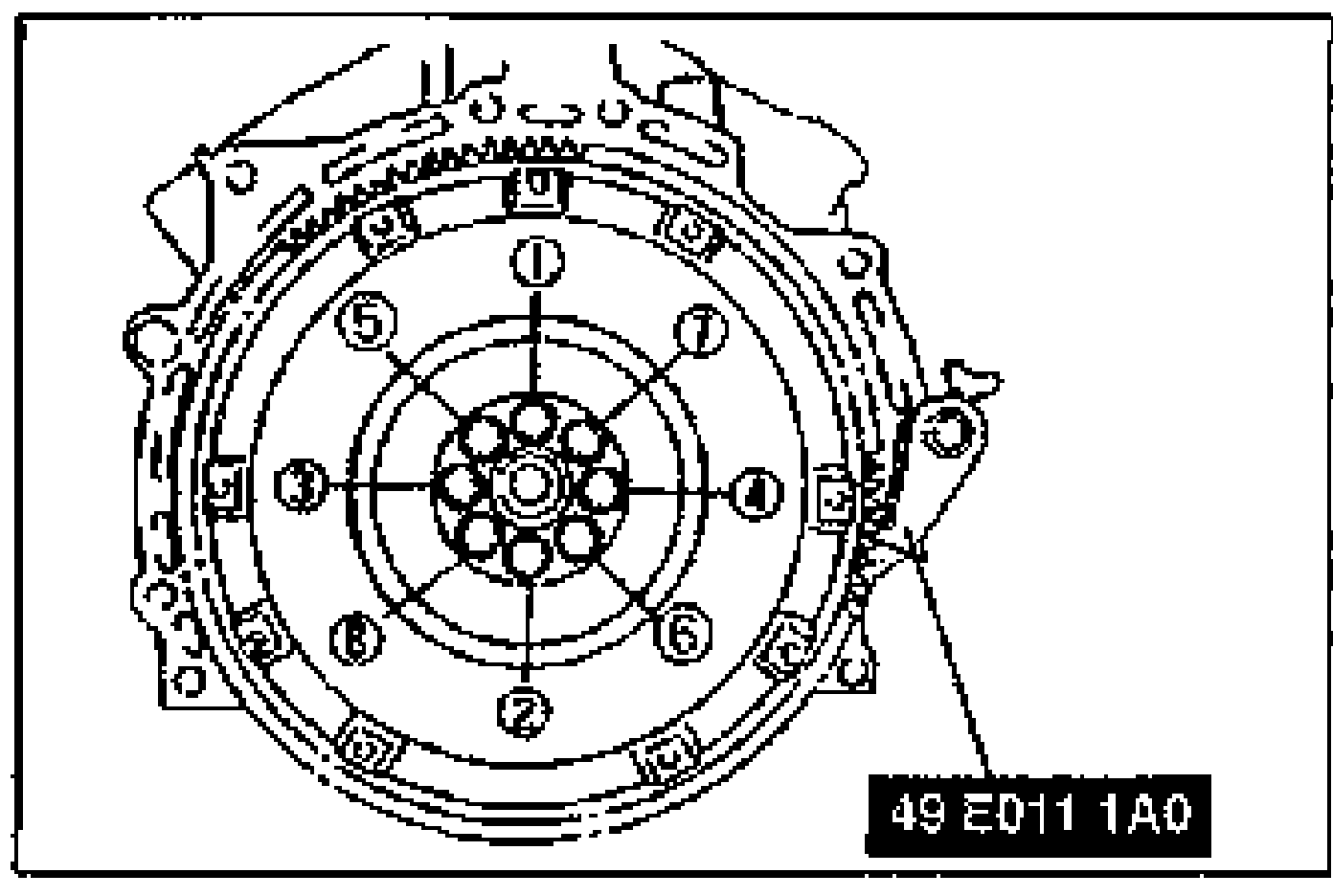 Drawing of the flywheel / drive plate face with bolt tightening sequence numbered 1 through 8 in a crossing pattern, using SST 49 E011 1A0 to hold the flywheel.