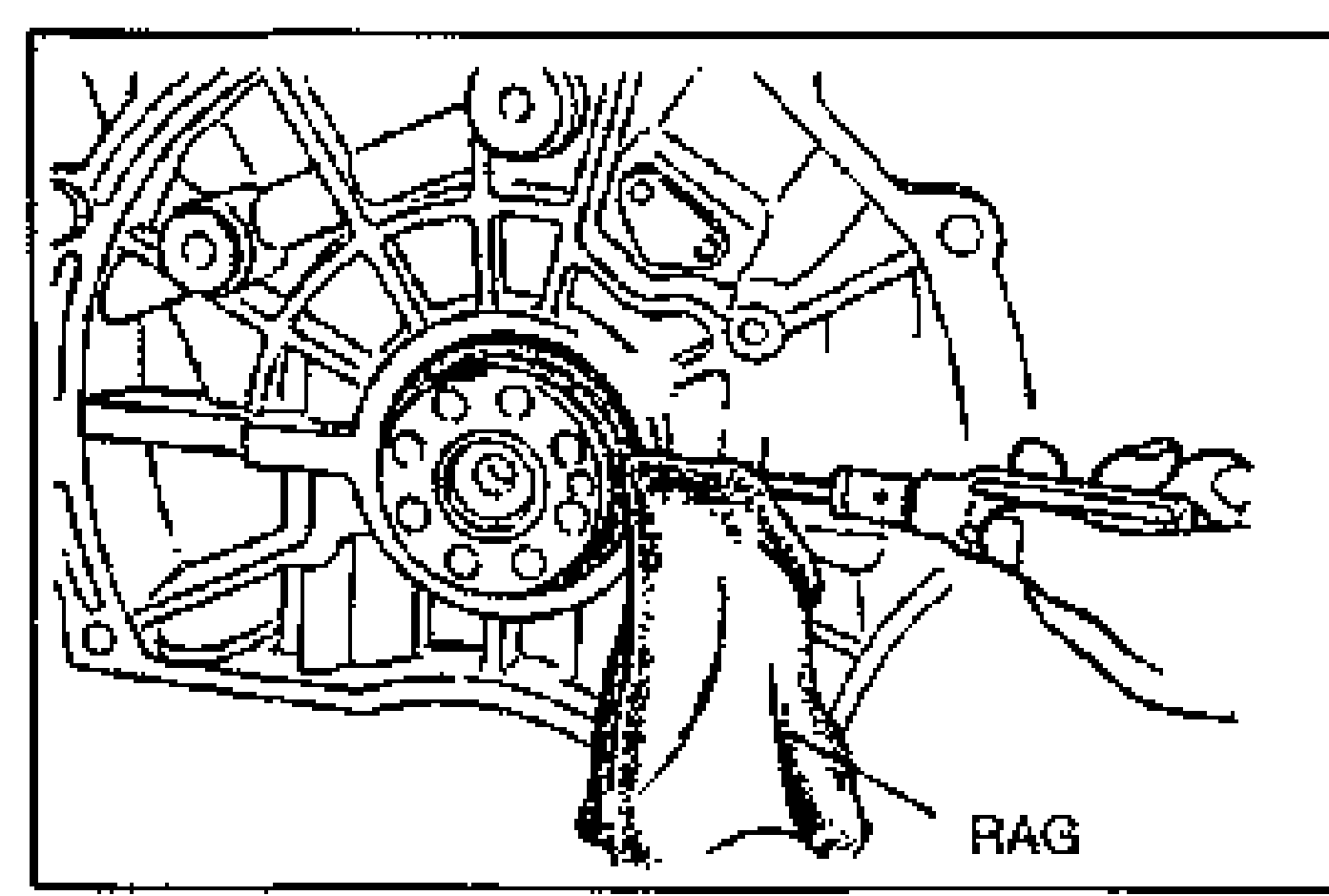 Line drawing of the rear oil seal removal: prying the rear oil seal out of the rear cover/cylinder block with a screwdriver protected with a rag. Labeled 'RAG'.