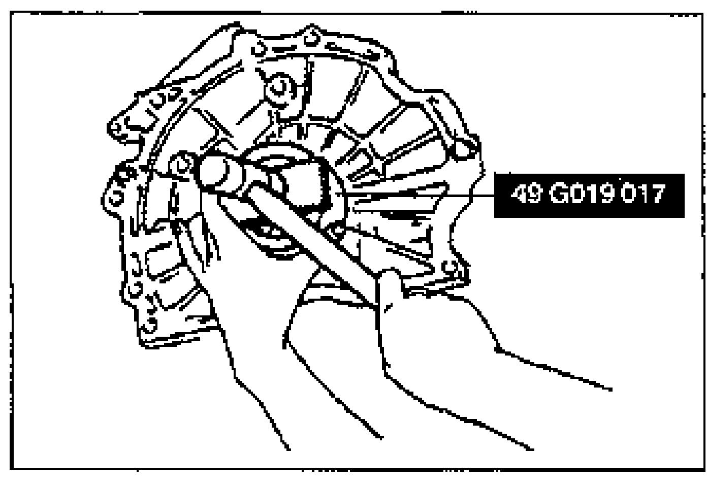Line drawing of rear oil seal installation: tapping the new oil seal in evenly using SST 49 G019 017 and a hammer.